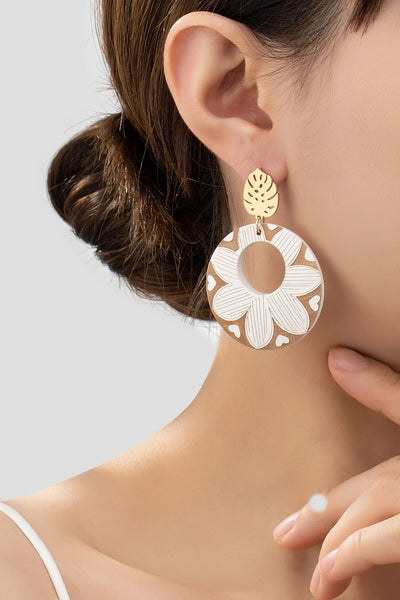 Floral Carved Wood Drop Earrings