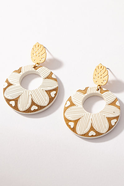 Floral Carved Wood Drop Earrings