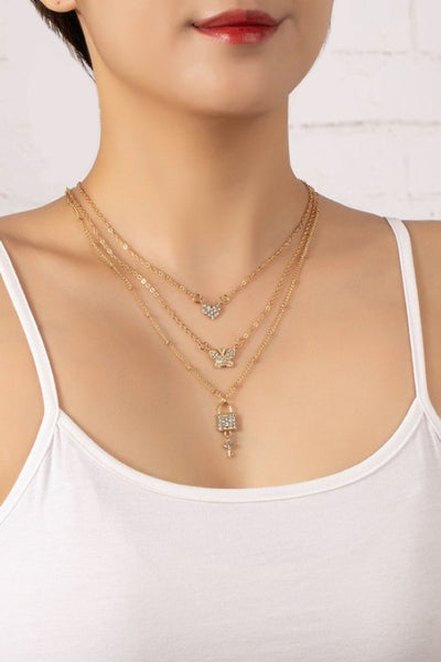 Goldtone Butterfly Pendant Trio Layering Necklace Set