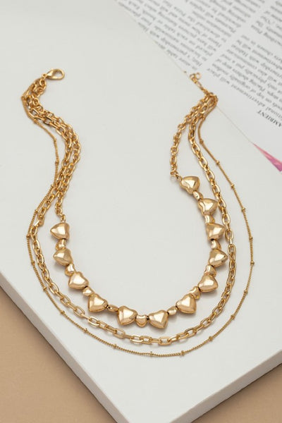 Goldtone Puff Heart Chain Trio Layering Necklace Set