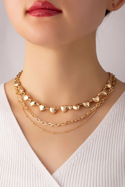 Goldtone Puff Heart Chain Trio Layering Necklace Set
