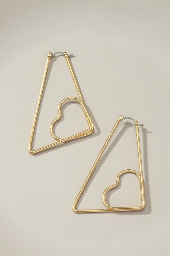 Trapezoid wire hoop earrings with heart inside | Accessories | accessories, beads, coral, drop earrings, earrings, gold, heart collection, ornate, very carrot | Very Carrot