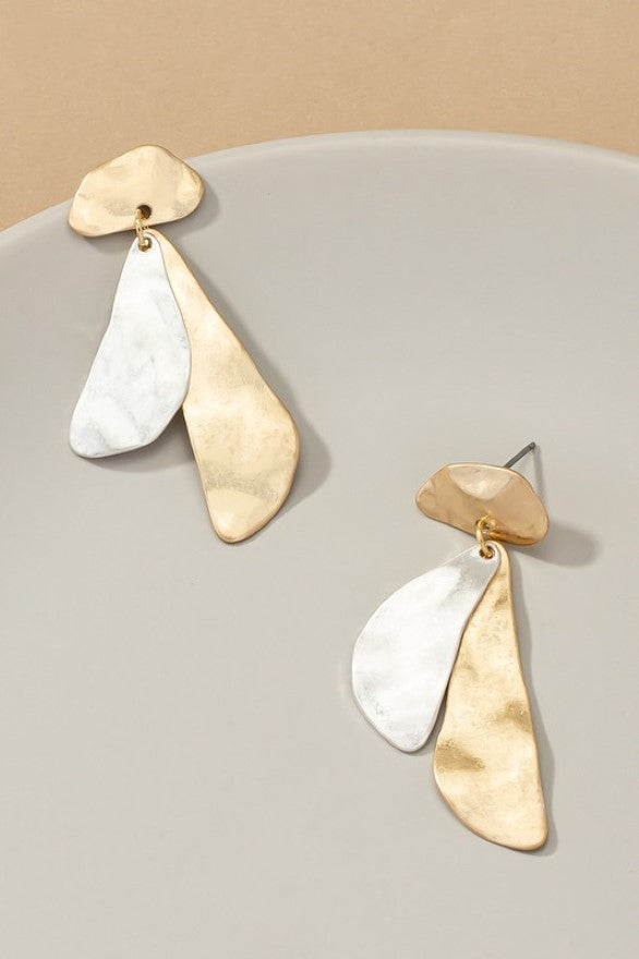 Two layer front and back hammered organic shape drop earrings