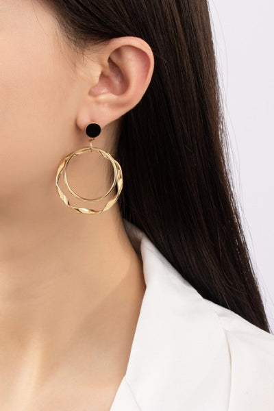 Black enamel stud with double twisted hoop drop earrings