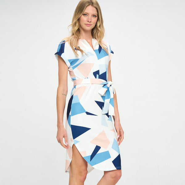 Sleek Geo Print Waist Tie Dress