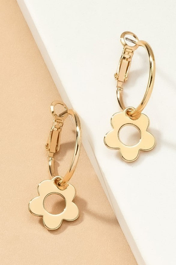 Brass hoop earrings with cutout flower drops