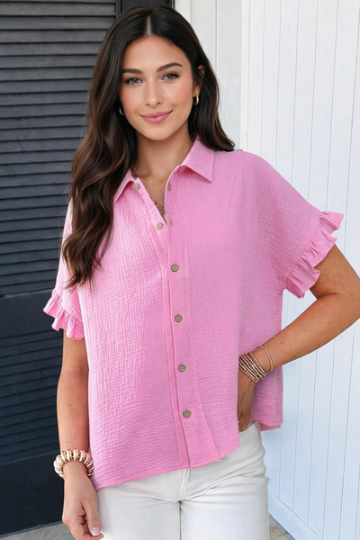 Hot Pink Crinkle Ruffle Shirt