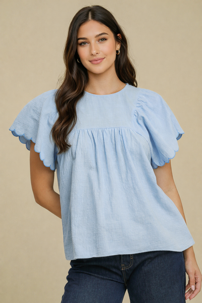 Sky Blue Scallop Flutter Top