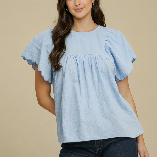 Sky Blue Scallop Flutter Top