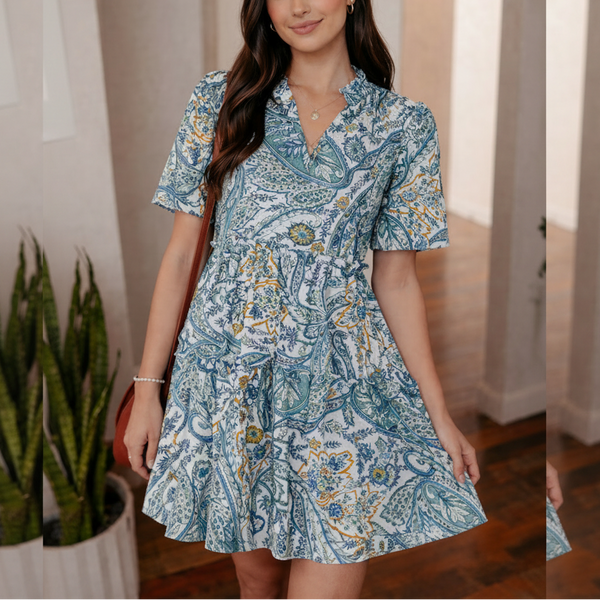 Boho Paisley Puff Sleeve Mini Dress