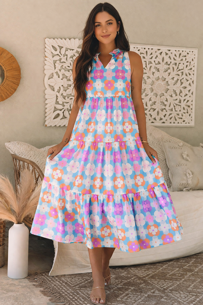 Rainbow Bloom Ruffle Tiered Midi Dress