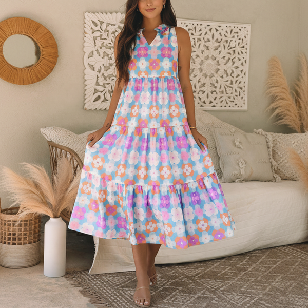 Rainbow Bloom Ruffle Tiered Midi Dress