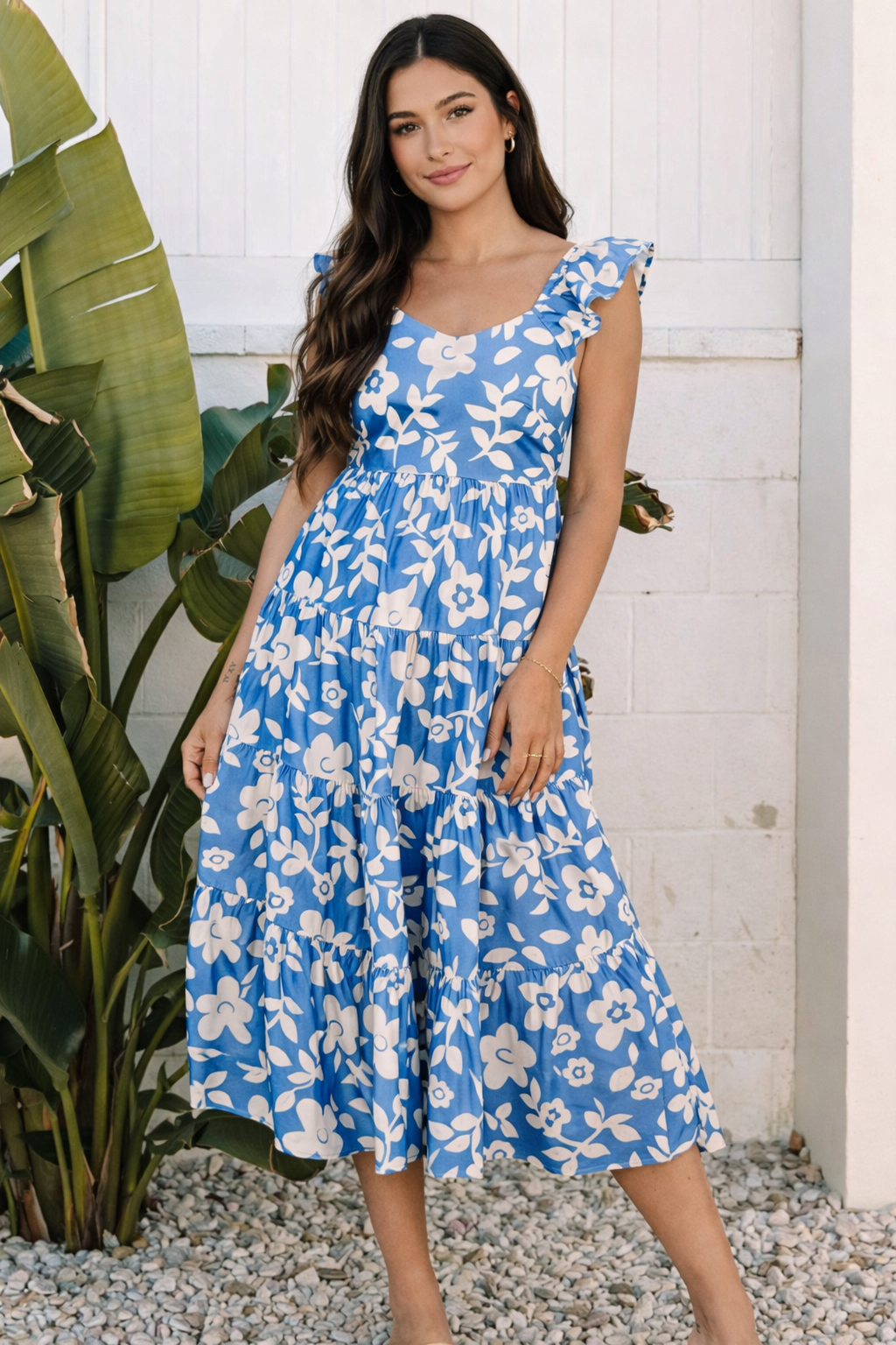 Blue Floral Ruffle Tiered Midi Dress Blue / Large (10-12)