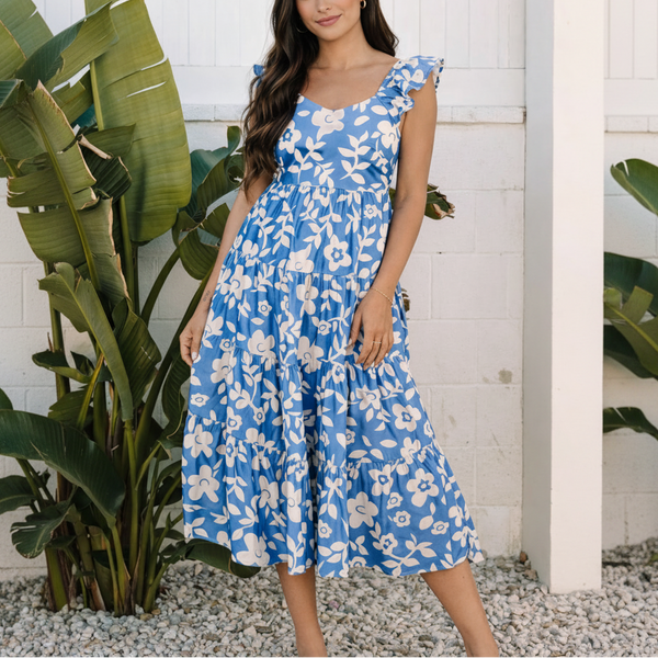 blue floral tiered midi dress Blue Floral Tiered Maxi Dress with Puff Sleeves Karlie M