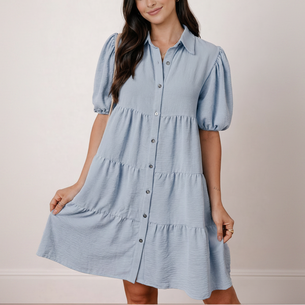 Sky Blue Tiered Puff Sleeve Dress