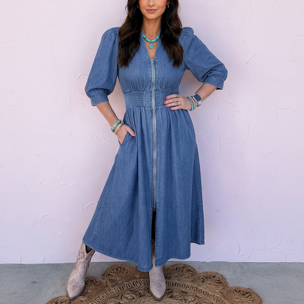 Blue Belle Zip Denim Midi Dress