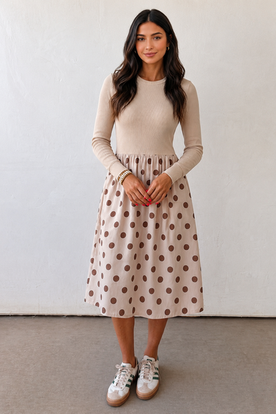 Café au Lait Polka Dot Midi Dress