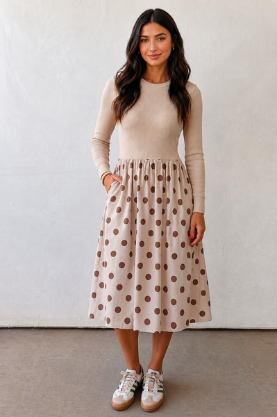 Café au Lait Polka Dot Midi Dress