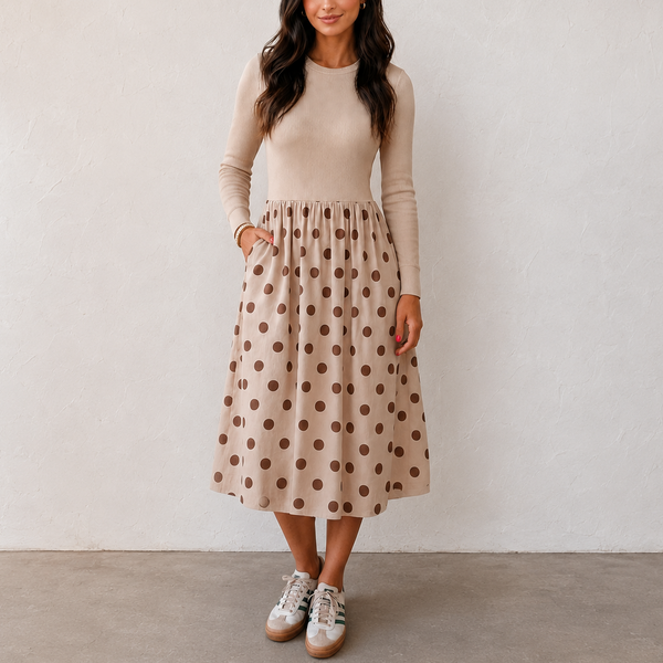 Café au Lait Polka Dot Midi Dress