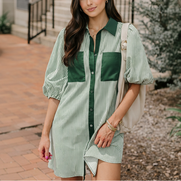 Sage Stripe Pocket Shirt Dress
