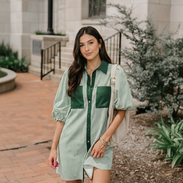 Sage Stripe Pocket Shirt Dress