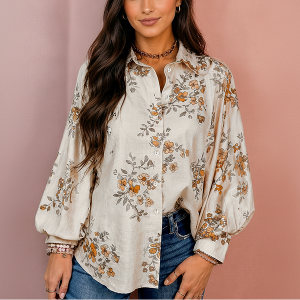 Golden Meadow Bloom Button-Up Blouse