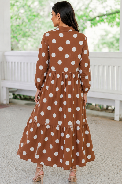 Cinnamon Charm Polka Dot Tiered Midi Dress