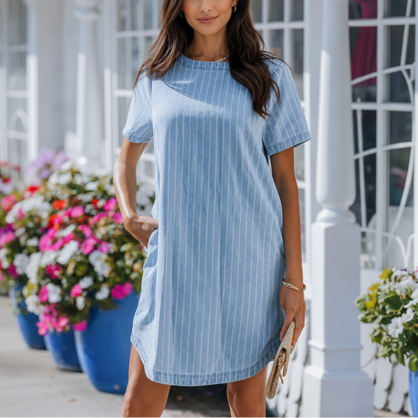 Coastal Breeze Pinstripe Denim Dress