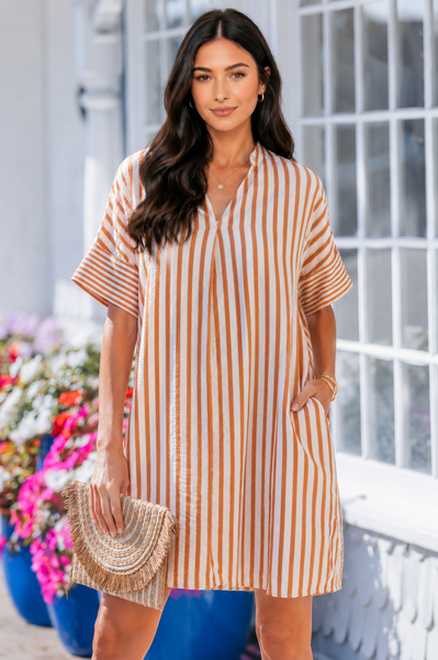 Caramel Coast Seersucker Shift Dress