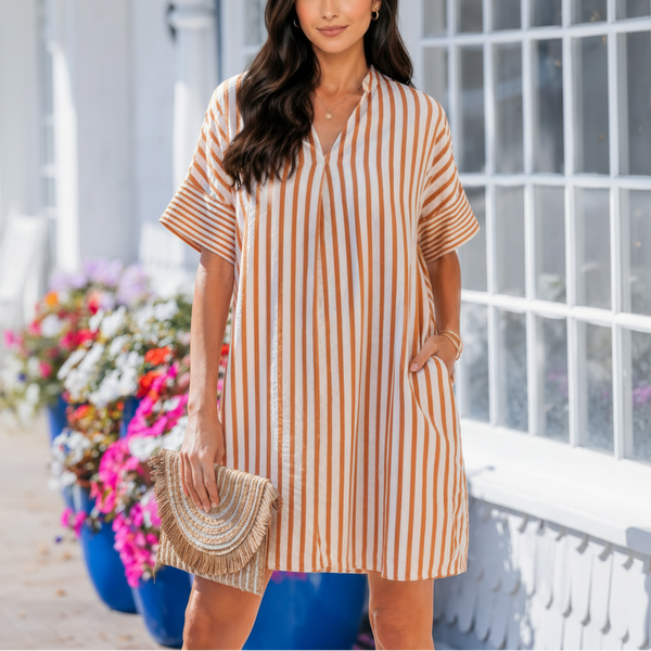 Caramel Coast Seersucker Shift Dress