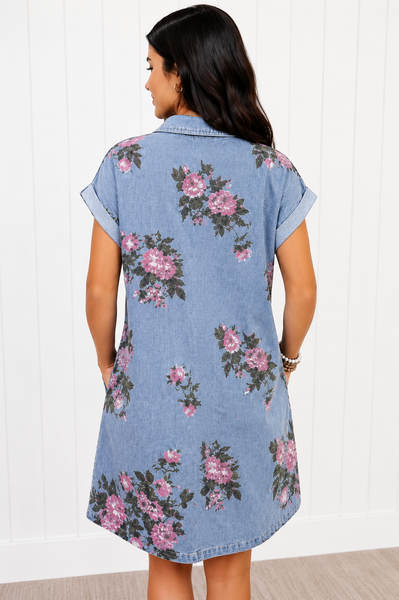 Blush Bloom Denim Shirt Dress