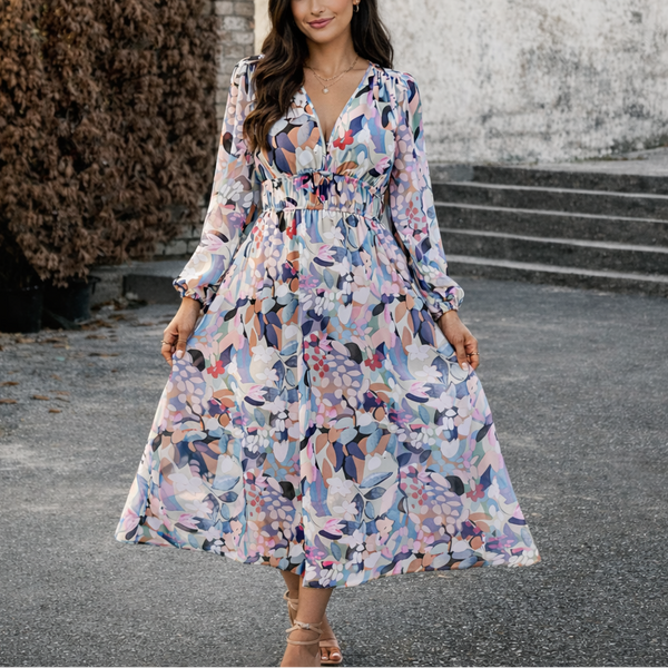 Floral Elastic Waist A-Line Midi Dress