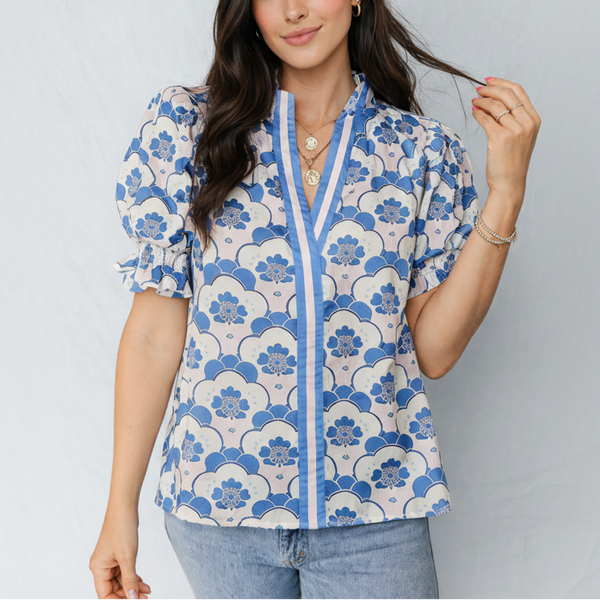 Azure Blossom Shirred Neck Blouse