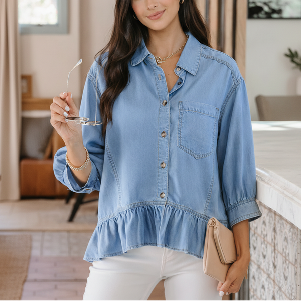 Ruffled Chambray Peplum Shirt