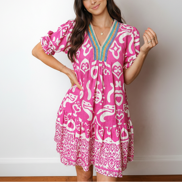 Hot Pink Ikat Heart Mini Dress