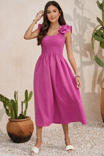 Magenta Ruffle Smocked Maxi Dress