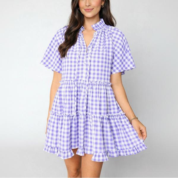 Lilac Gingham Smocked Mini Dress