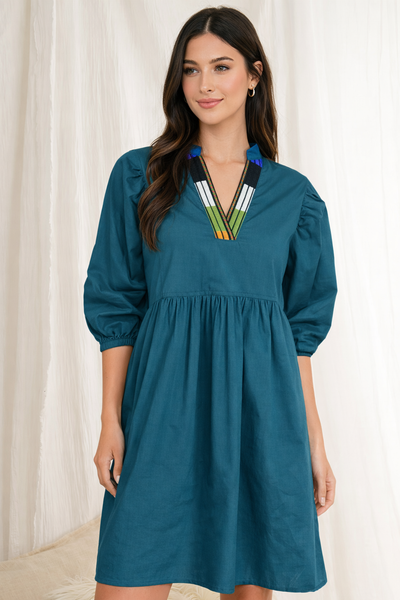 Teal Embroidered Horizon Mini Dress