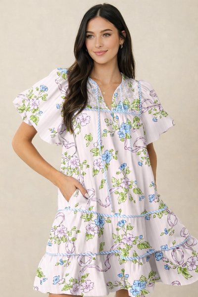 Ribbon Bloom Smocked Mini Dress