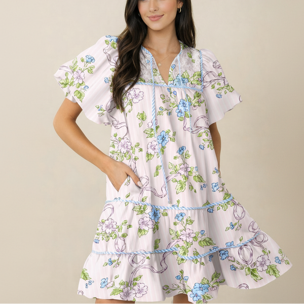 Ribbon Bloom Smocked Mini Dress