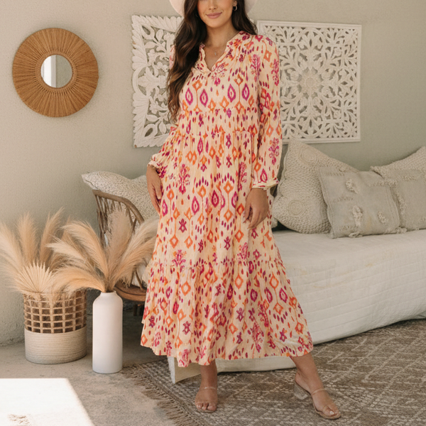 Coral Ikat Glow Maxi Dress
