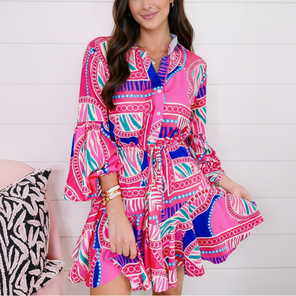 Neon Ikat Ruffle Mini Dress