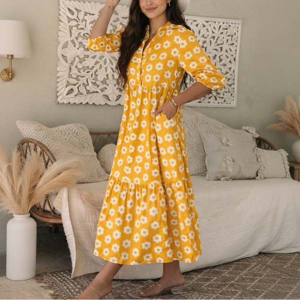Sunlit Daisy Tiered Midi Dress