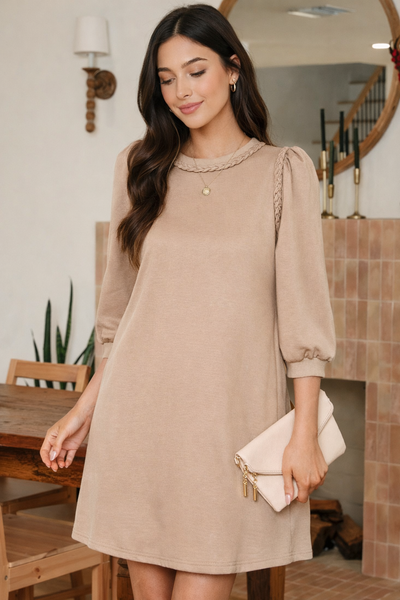 Braided Elegance Puff Sleeve Mini Dress