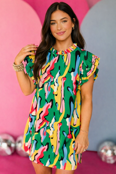 Vivid Splash Ruffle Mini Dress