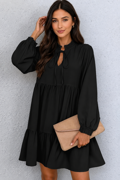 Midnight Ruffle Tie-Neck Dress