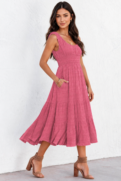 Blush Pleated Square-Neck Midi Dress