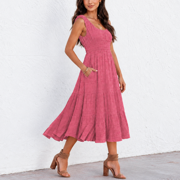 Blush Pleated Square-Neck Midi Dress