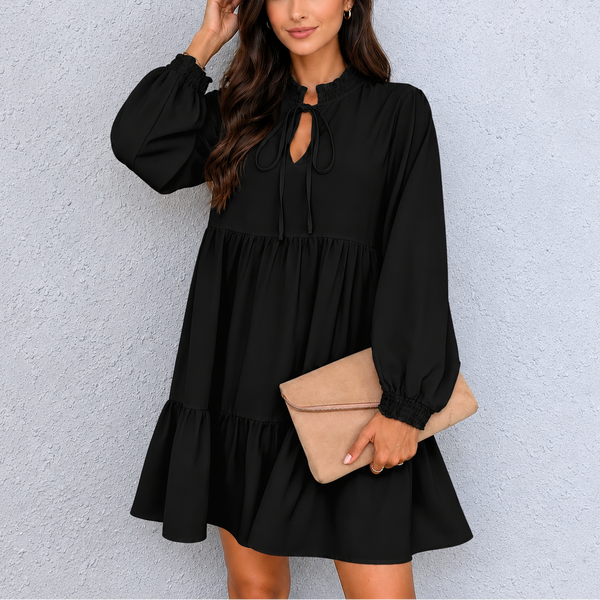 Midnight Ruffle Tie-Neck Dress