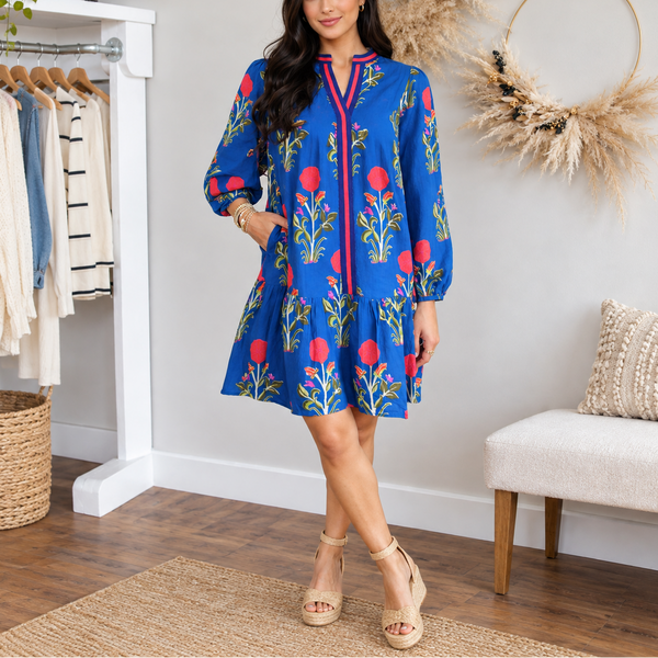 Sapphire Bloom Kaftan Mini Dress